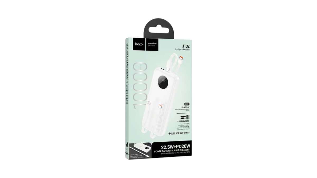 🔋 Hoco J132 Power Bank 10000mAh with Built-in Cables – 22.5W + PD 20W Fast Charging