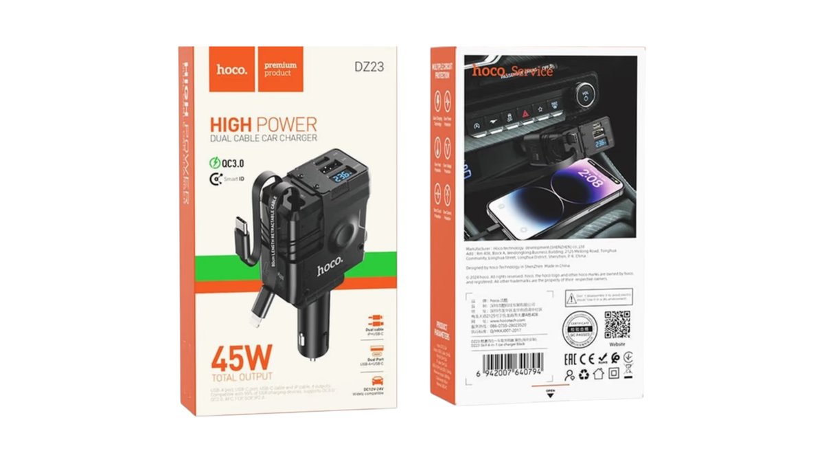 ⚡ HOCO DZ23 – 45W High Power Dual Cable Car Charger | QC 3.0 Fast Charging