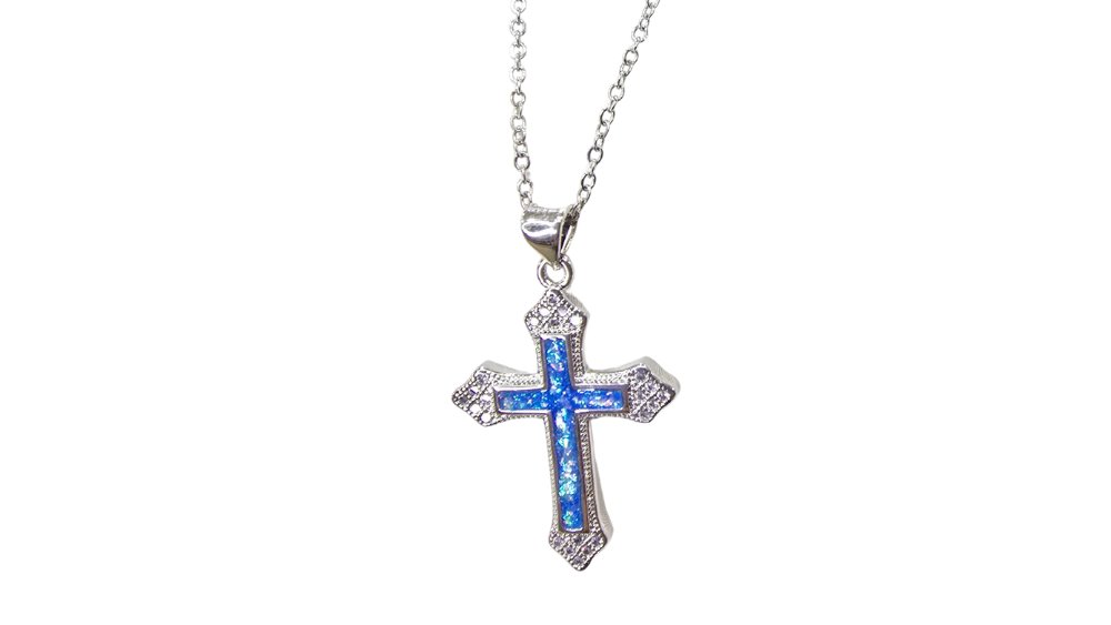 Cross Blue Opal Silver – Stainless Steel Pendant, Shiny Finish