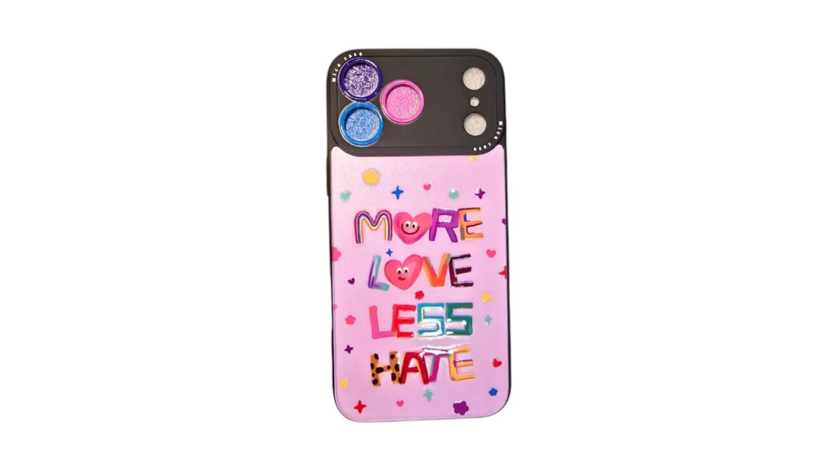 More Love Less Hate – iPhone 17 pro Glitter Camera Case