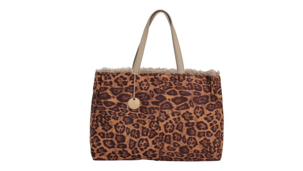 Leopard Print Tote Bag with Faux Fur Trim – Beige Handles
