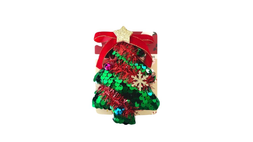 Sequin Christmas Tree Hair Clip with Red Bow –