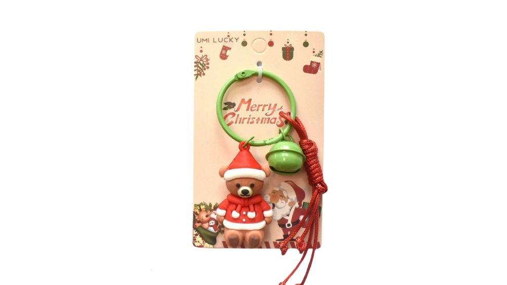 Santa Bear Christmas Keychain with Green Bell
