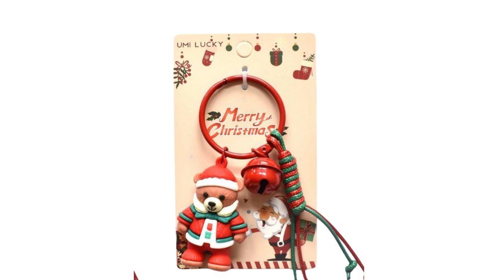 Festive Santa Bear Keychain with Red Bell