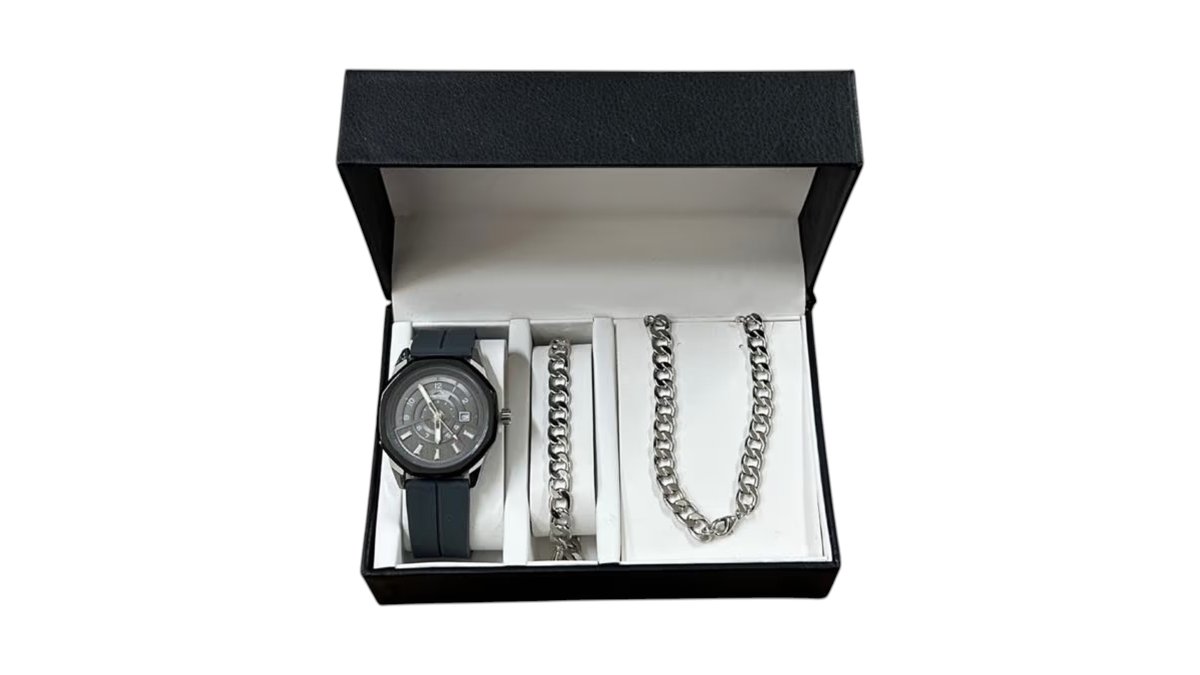 Men’s Black Watch & Stainless Steel Chain Set (3 Pieces)