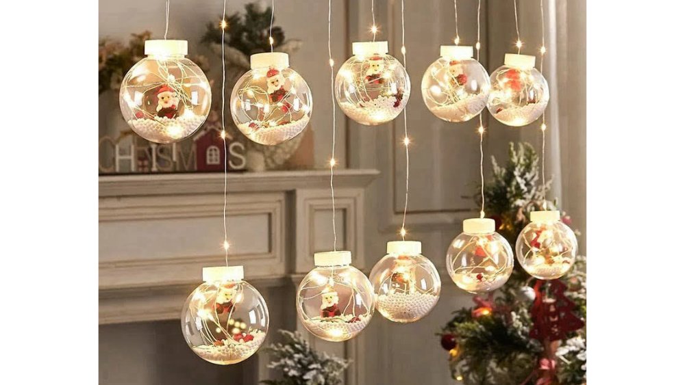 Hanging Christmas LED Baubles with Figures & Snow – Warm Light Decorative Set 3meter