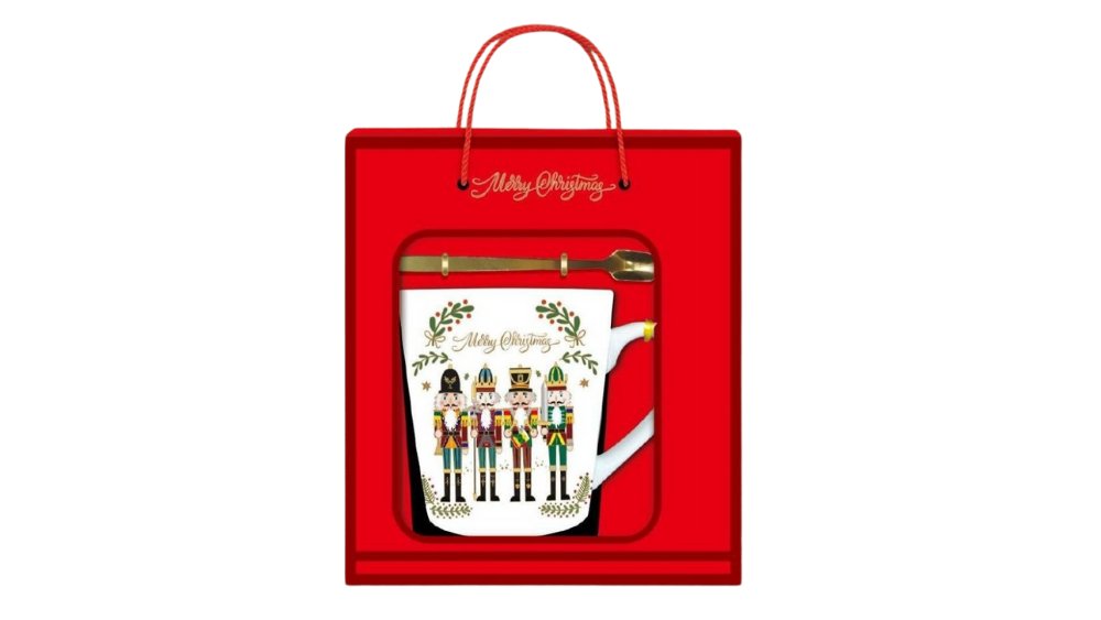 Christmas Mug Gift Set – Nutcracker Tall Mug + Golden Spoon