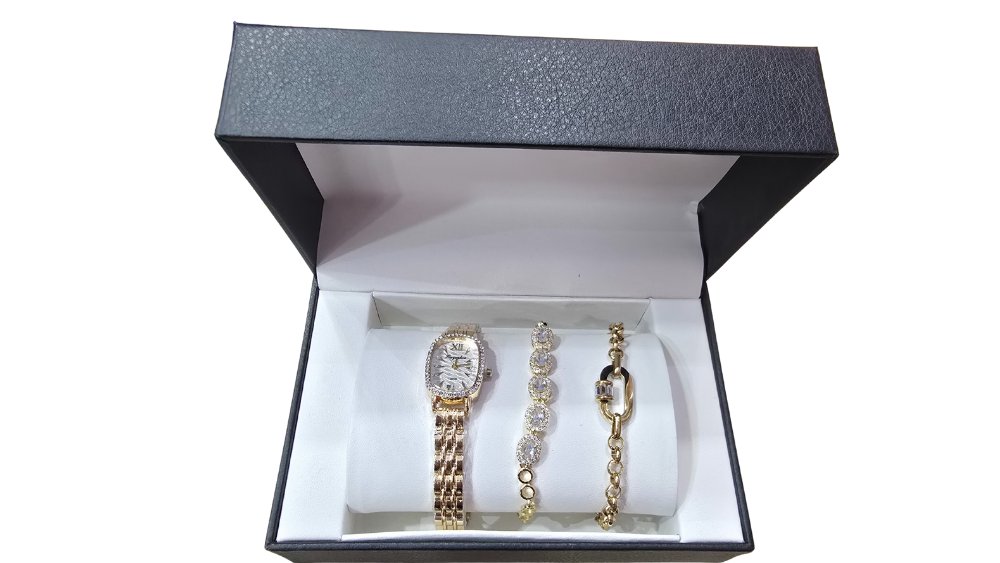 Gold Women’s Watch with Crystal Bracelet Duo – Gift Box Set