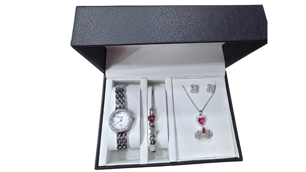 Silver Watch & Pink Heart Jewelry Set – Necklace, Earrings & Ring