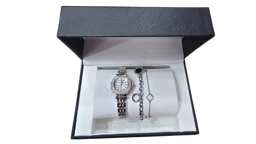 Silver Women’s Watch with Charm Bracelet Trio