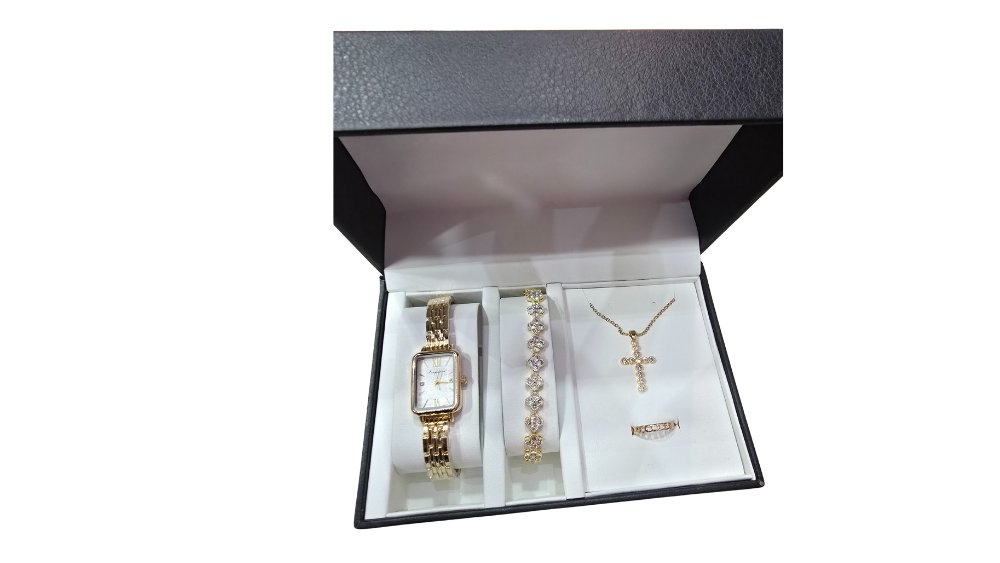 Gold Rectangular Watch & Cross Necklace Set – 4-Piece Gift Box
