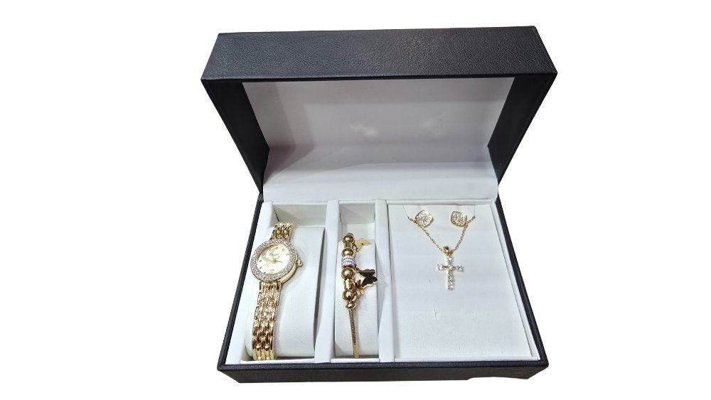 Gold Women’s Watch with Cross Necklace, Earrings & Charm Bracelet – 4-Piece Gift Set
