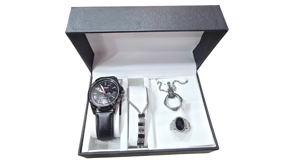 Men’s Black Watch with Bracelet, Chain & Signet Ring – Premium Gift Set