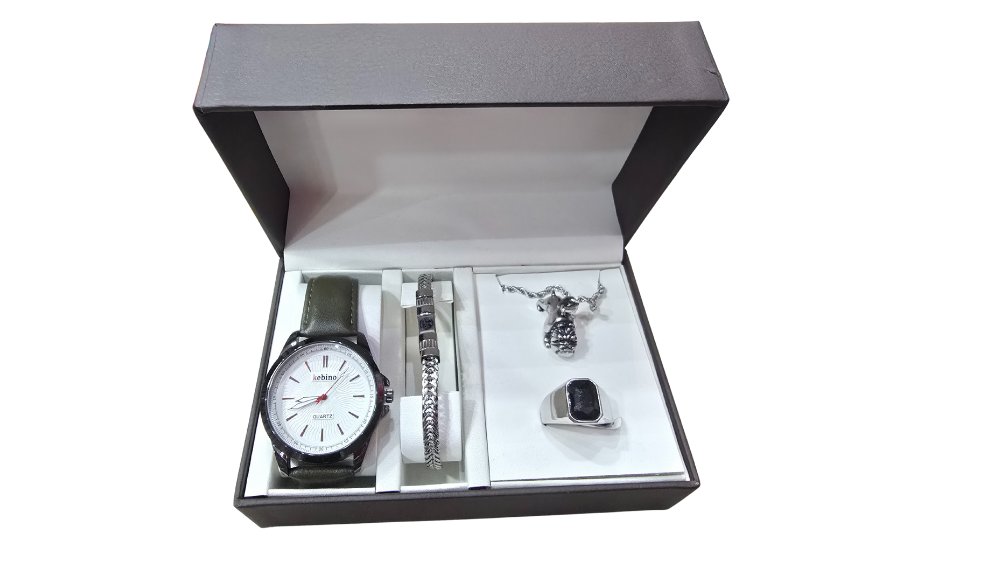 Men’s Watch with Bracelet, Pendant Necklace & Signet Ring – 4-Piece Gift Box