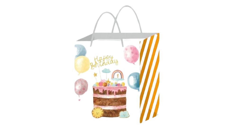 Small Gift bag White and gold with birthday cake