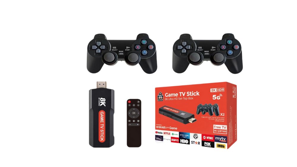 8K Game TV Stick with Dual Wireless Controllers – Android Media & Retro Gaming System