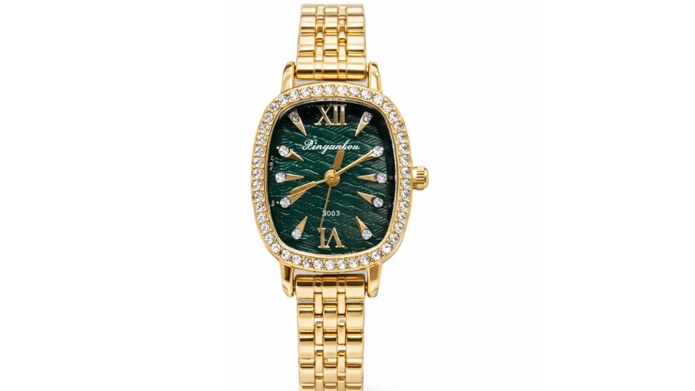 Elegant Gold Stainless Steel Ladies Watch with green backround