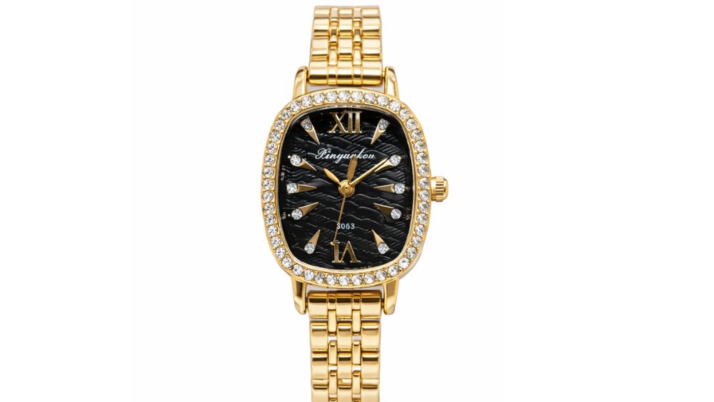 Elegant Gold Stainless Steel Ladies Watch with black backround