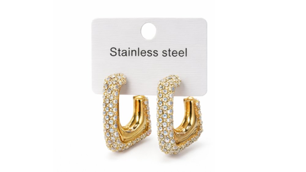 Silver Crystal Paved Stainless Steel Hoop Earrings – Gold Finish