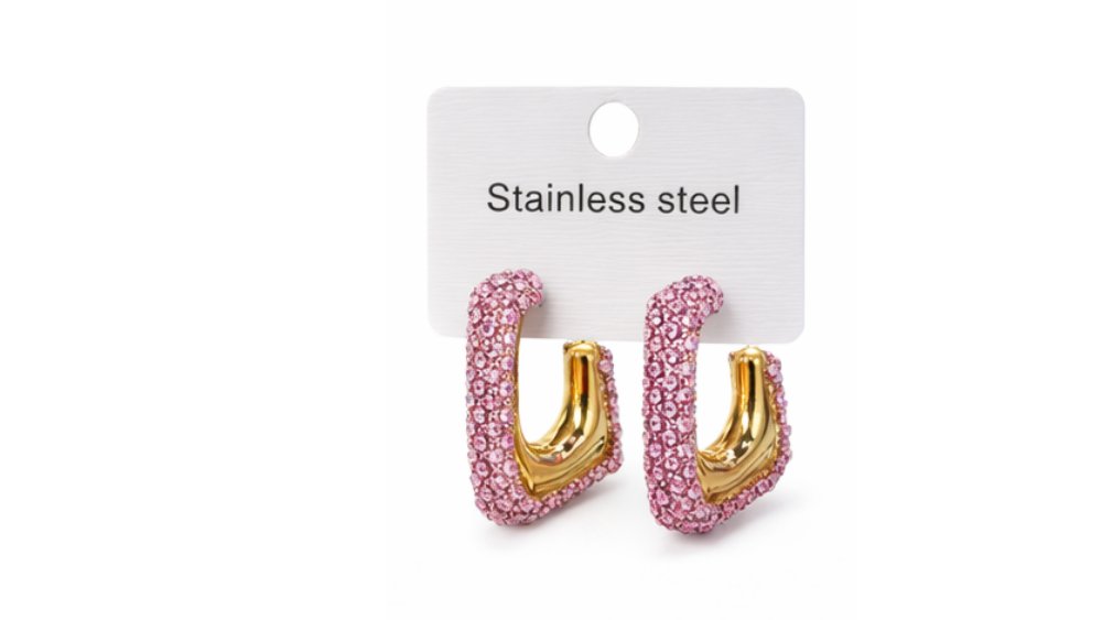 Pink Crystal Paved Stainless Steel Hoop Earrings – Gold Finish