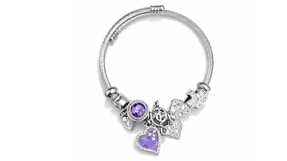 💫 Pandora Style Bracelet – Purple Heart & Music Note Charms
