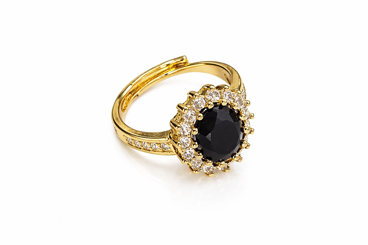 Gold Stainless Steel Ring with Black Oval Crystal