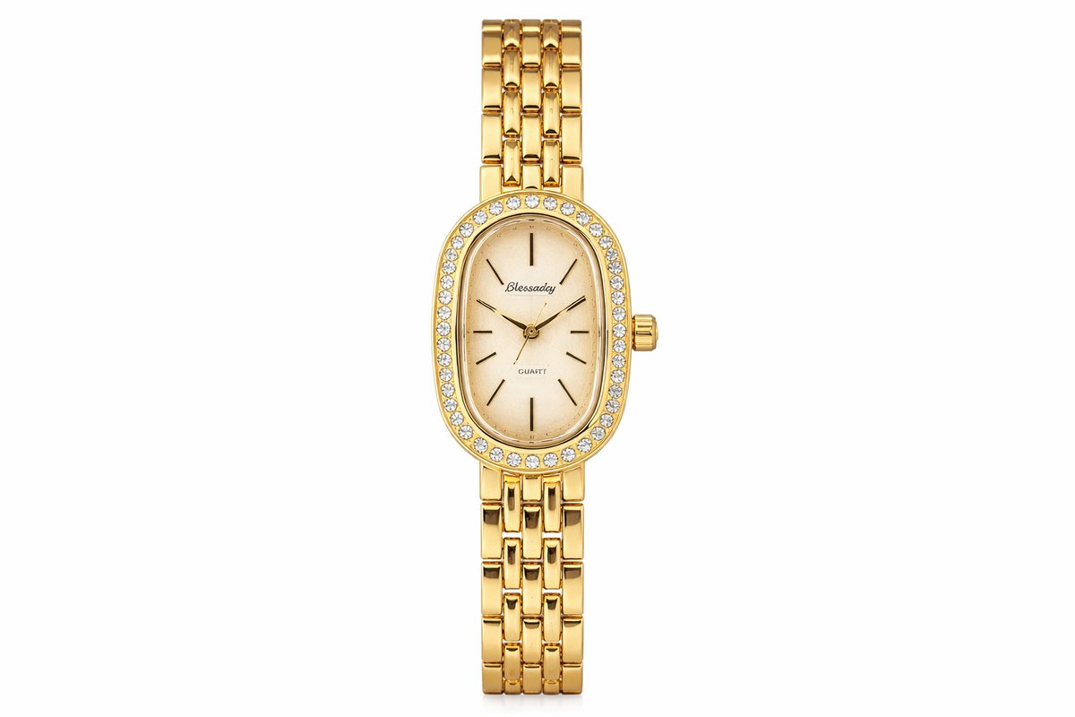 Elegant Gold Stainless Steel Ladies Watch with Crystal Bezel