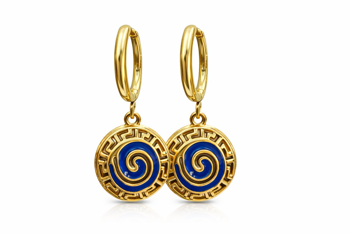 Gold Hoop Earrings with Blue Spiral Medallion