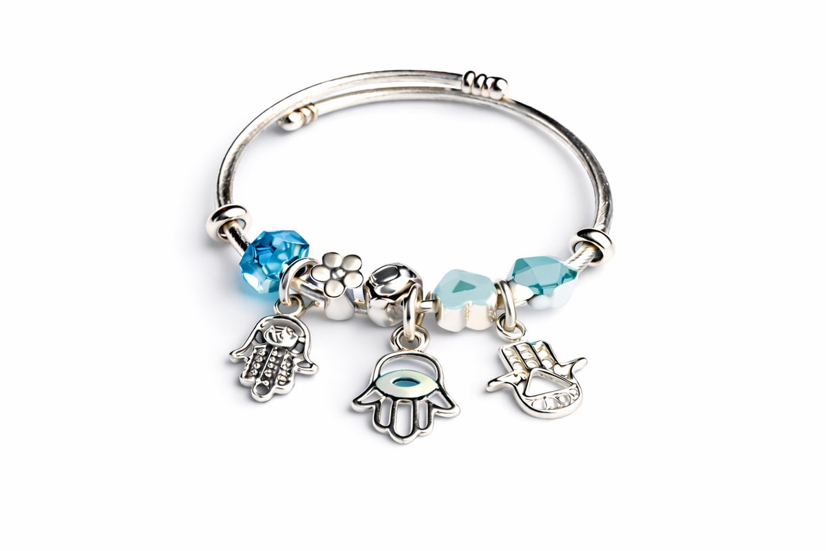 💫 Pandora Style Bracelet –Light Blue Hamsa Hand and Evil Eye