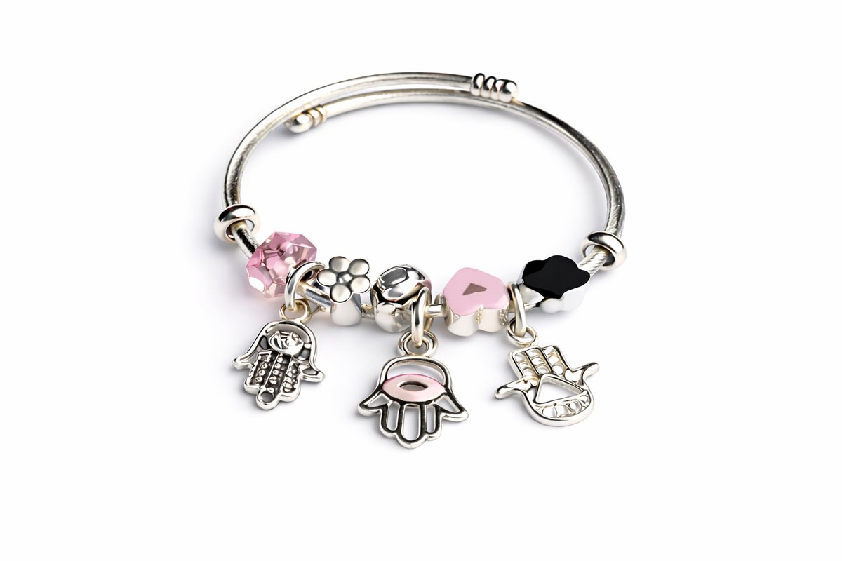 💫 Pandora Style Bracelet –Pink Hamsa Hand and Evil Eye