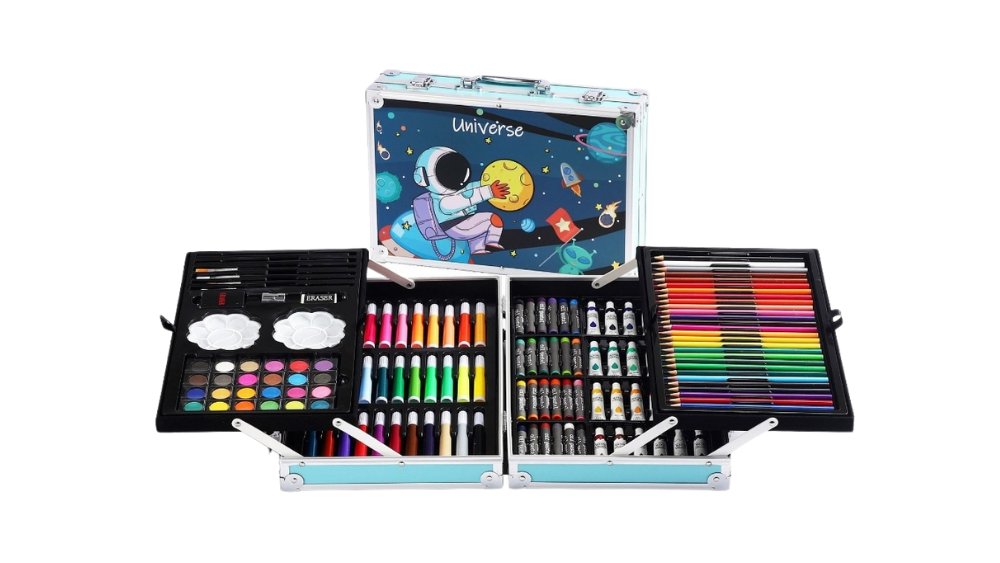 Blue Kids Art Set in Aluminum Case – Complete Drawing & Painting Kit with Pencils, Markers, Paints & Accessories