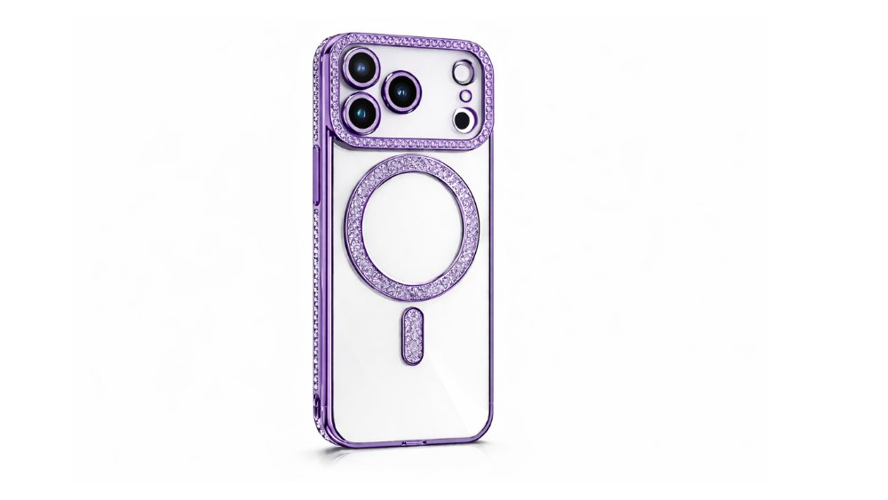 Luxury Purple Clear Phone Case with Rhinestones & Magnetic Ring for iphone 17 pro max