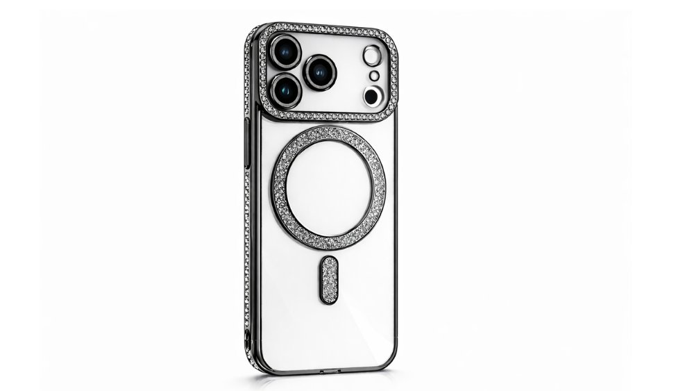 Luxury Black Clear Phone Case with Rhinestones & Magnetic Ring for iphone 17 pro