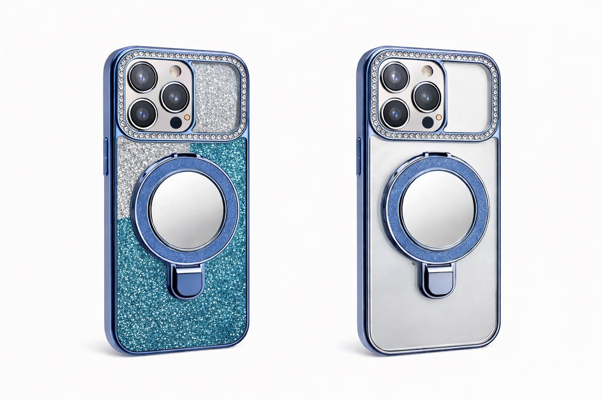 Glitter Blue iPhone Case with Mirror, Ring Holder Iphone 17