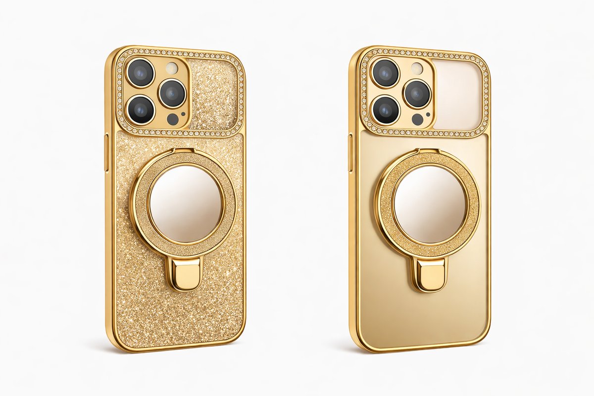 Glitter gold iPhone Case with Mirror, Ring Holder Iphone 17 pro max