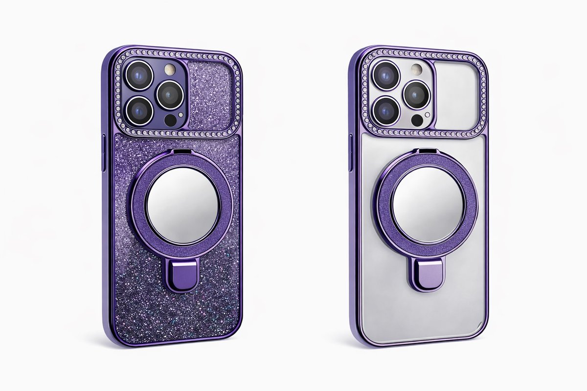 Glitter Purple iPhone Case with Mirror, Ring Holder Iphone 17 pro max
