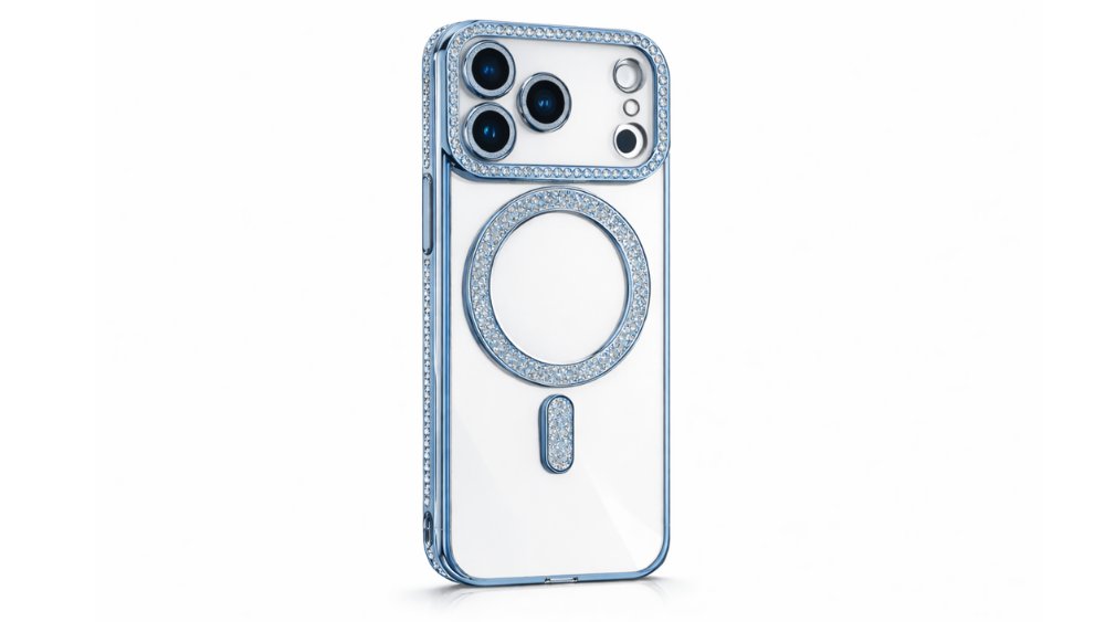 Luxury blue Clear Phone Case with Rhinestones & Magnetic Ring