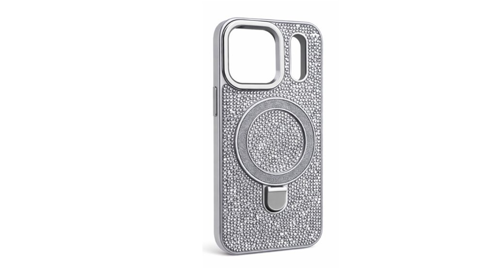 Silver Rhinestone Phone Case with Built-In Ring Stand for iphone 17 pro