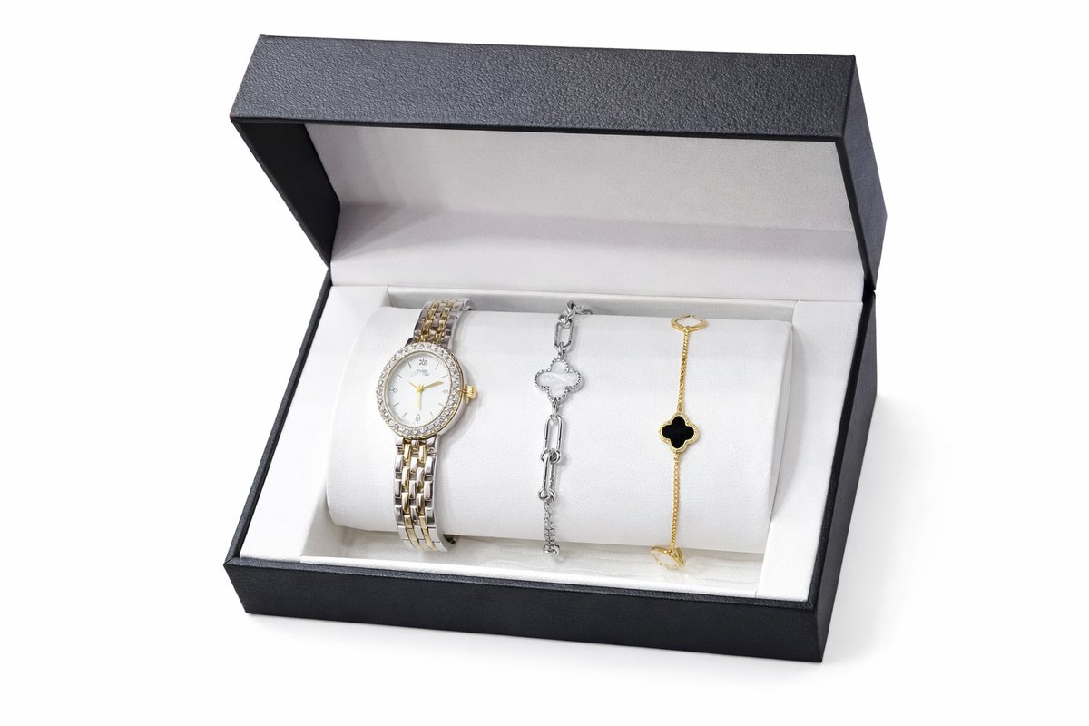 Two-Tone Women’s Watch with Clover Duo Bracelets – Gift Box Set