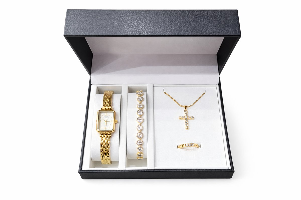 Gold Rectangular Watch & Cross Necklace Set – 4-Piece Gift Box