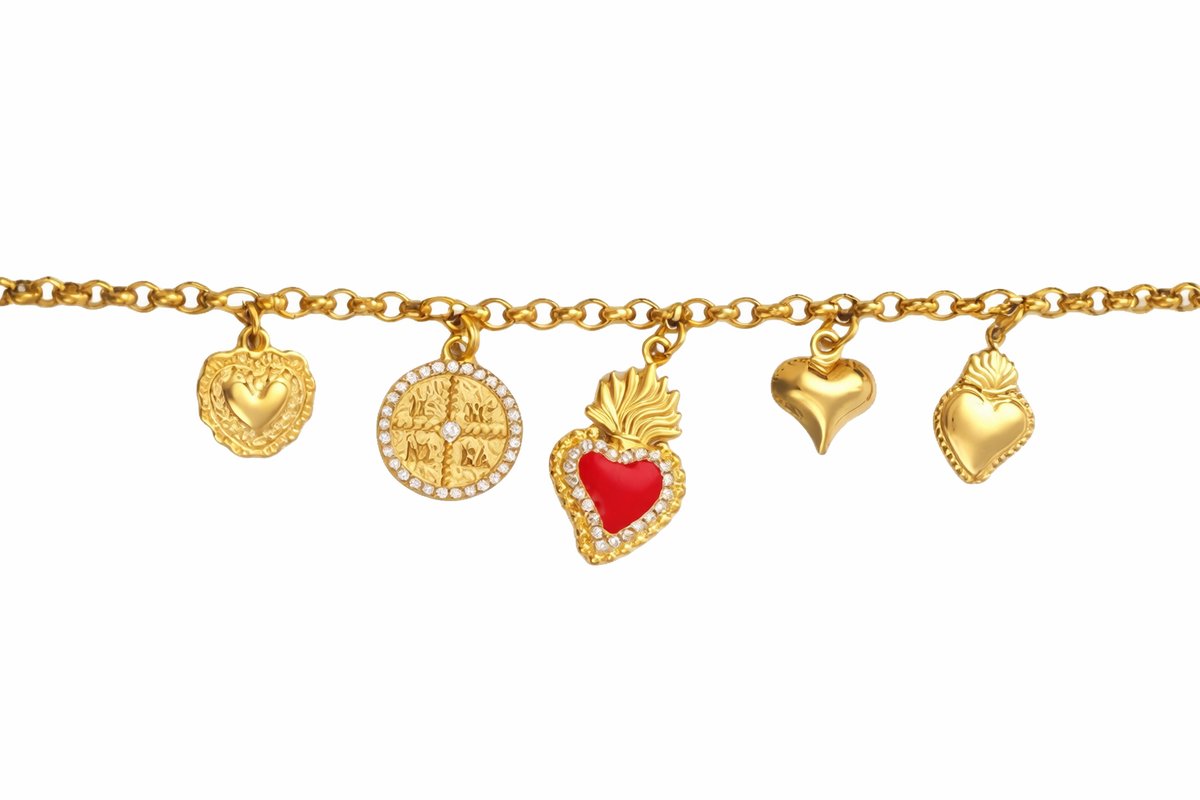 Gold Heart Charm Bracelet with Decorative Charms