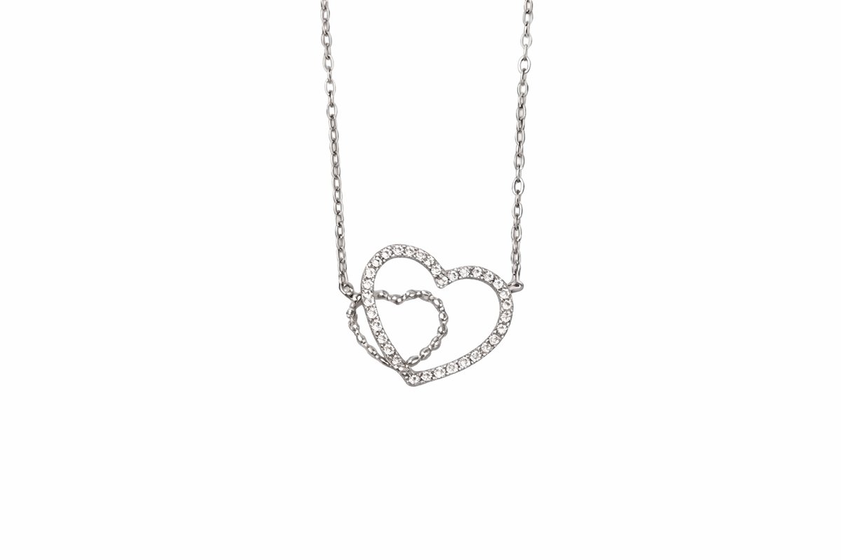 Silver Double Heart Necklace with Sparkling Stones