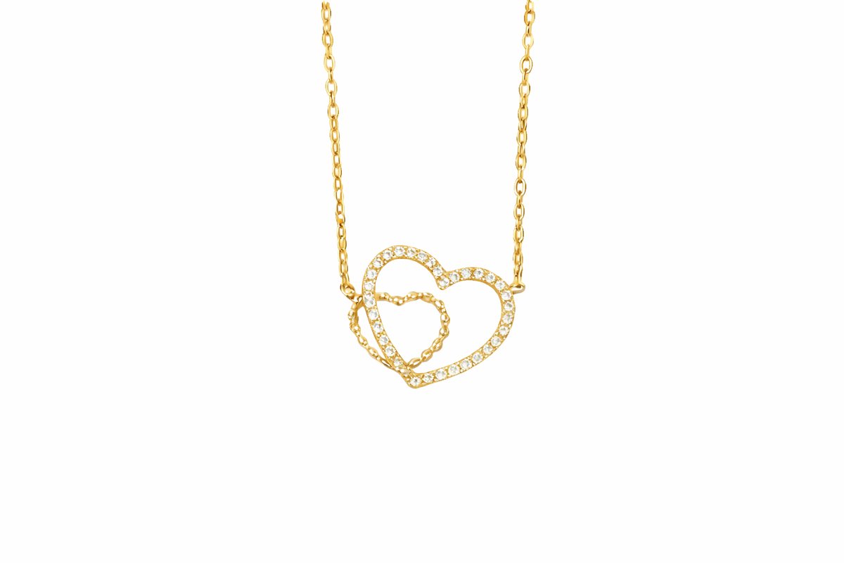 Gold Double Heart Necklace with Sparkling Stones
