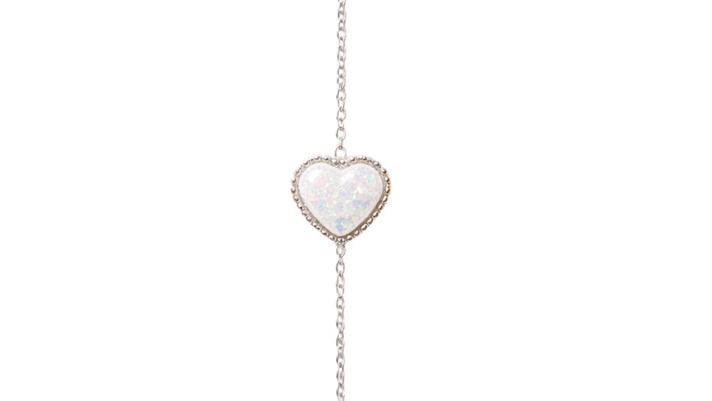 Silver Heart Bracelet – White Iridescent Stone