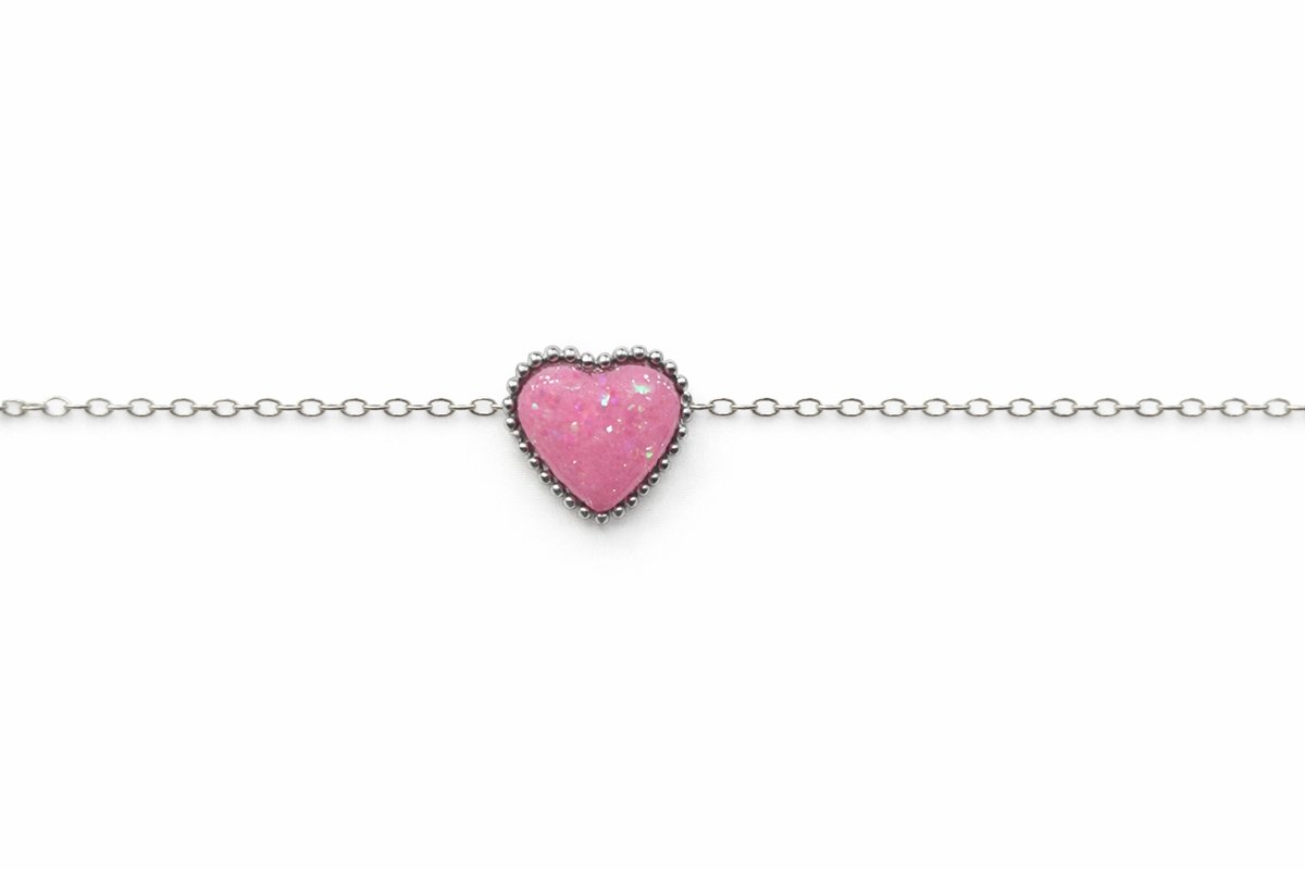 Silver Heart Bracelet – Pink Iridescent Stone