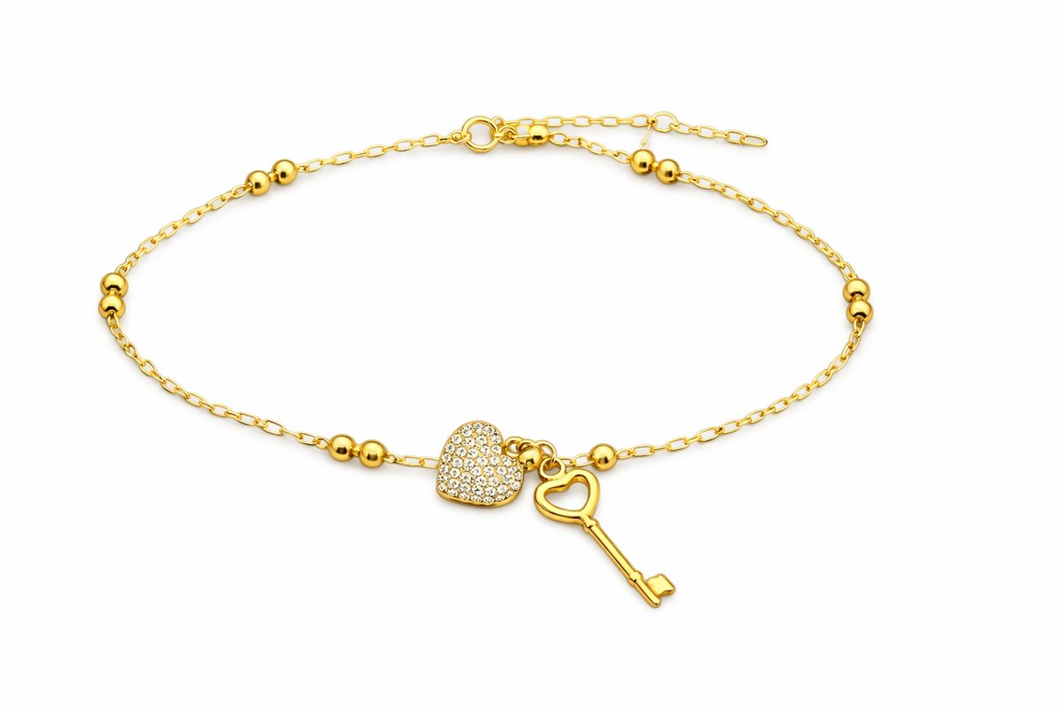 Gold Heart & Key Charm Bracelet