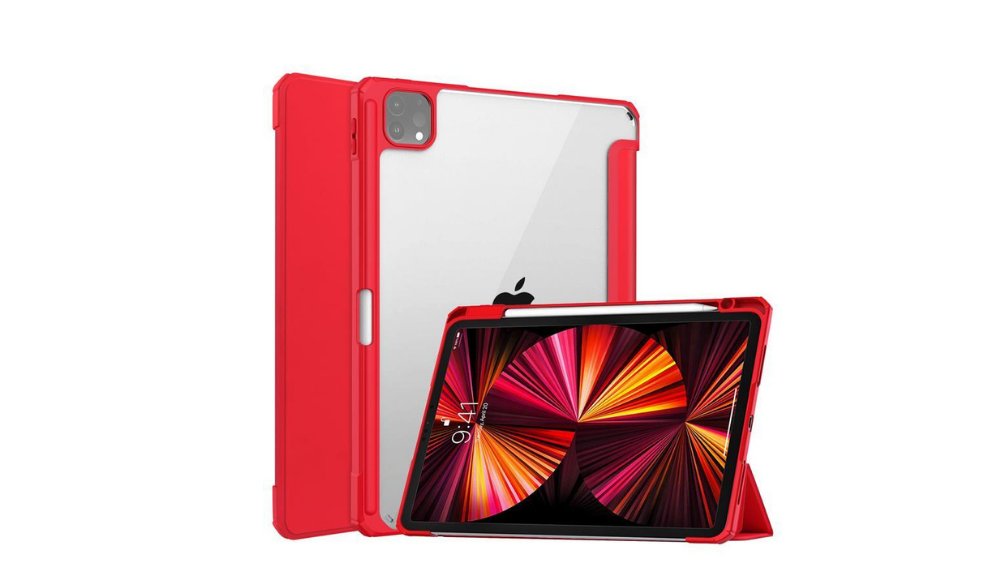 iPad A16 (2025) Case with Apple Pencil Holder – Clear Back & red Front Cover