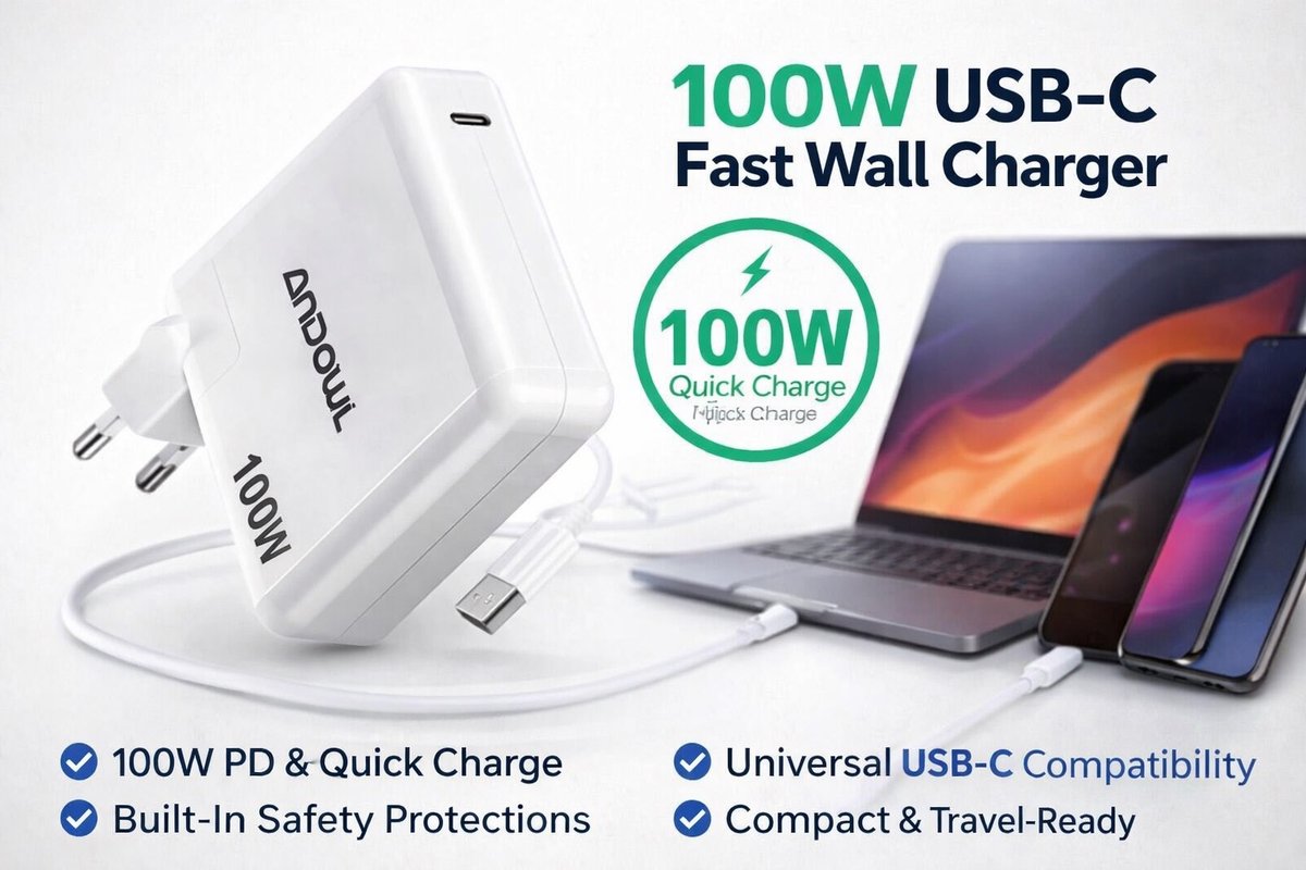 100W USB-C PD Fast Charger for Laptops, Tablets & Smartphones