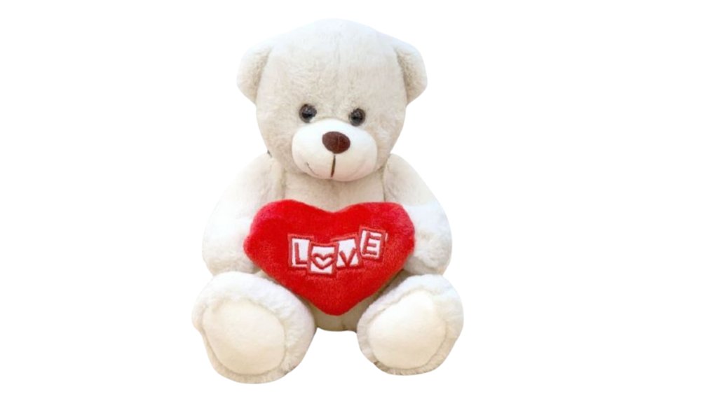 🧸White Cream Plush Teddy Bear with Red Heart “LOVE” – 20 cm