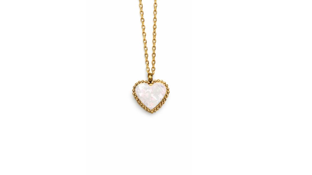 Gold Heart Necklace with White Opal – Stainless Steel